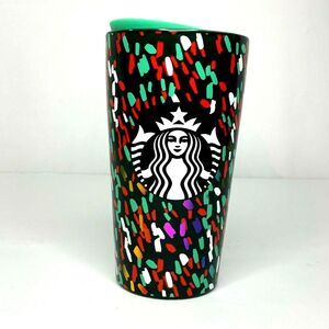 Starbucks 2019 Ceramic Travel Hot Mug 12 oz Confetti Green Red Christmas Holiday